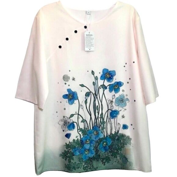 Top and Bottom Outfit with Floral Print in Cream/Blue/Green Women’s Large - Picture 2 of 13